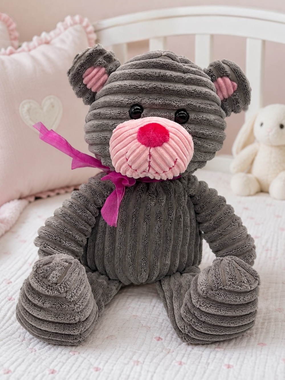Gray Corduroy Textured Teddy Bear Plush Stuffed Animal Pink Ribbon Soft Toy
